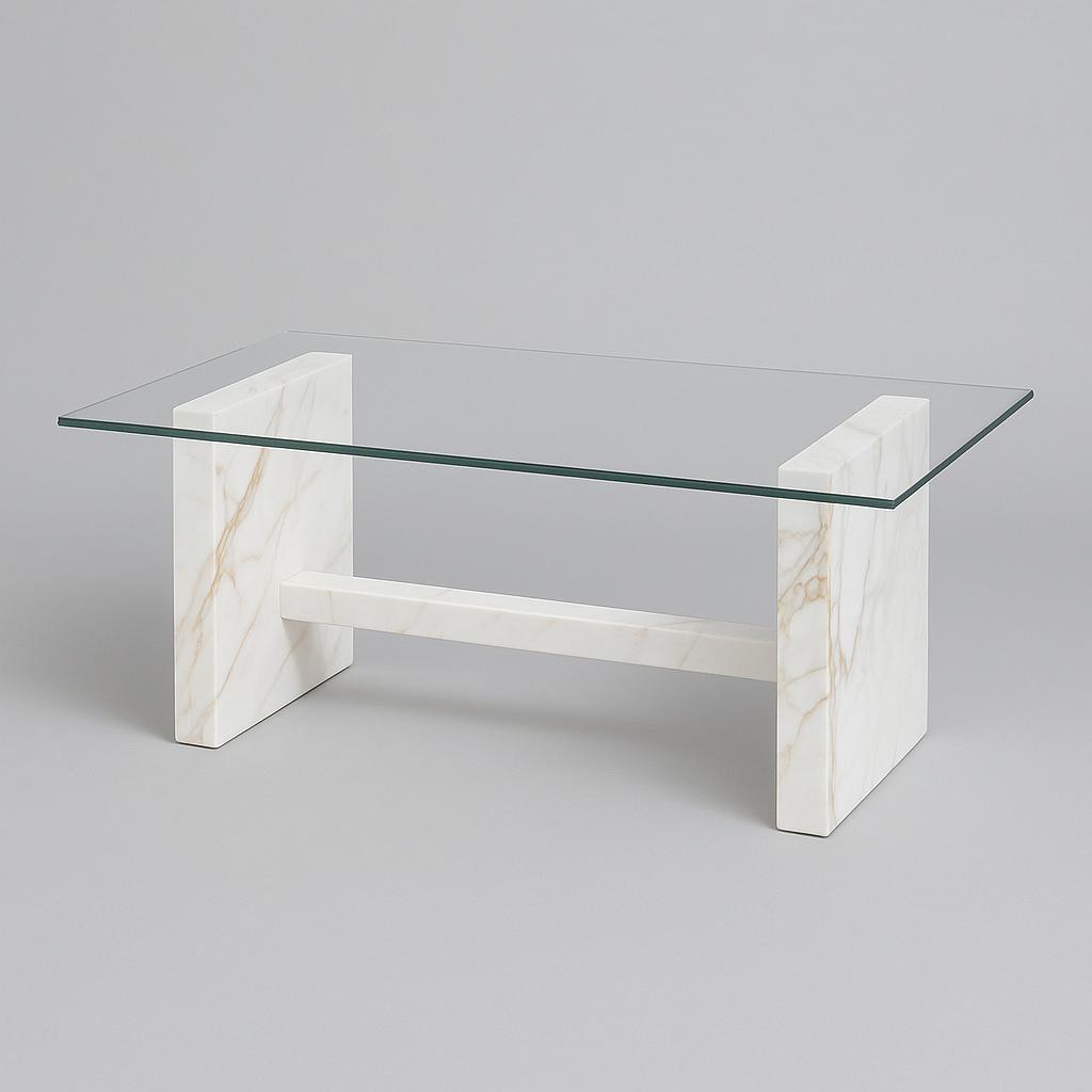 Mesa lateral de vidrio base en H blanca