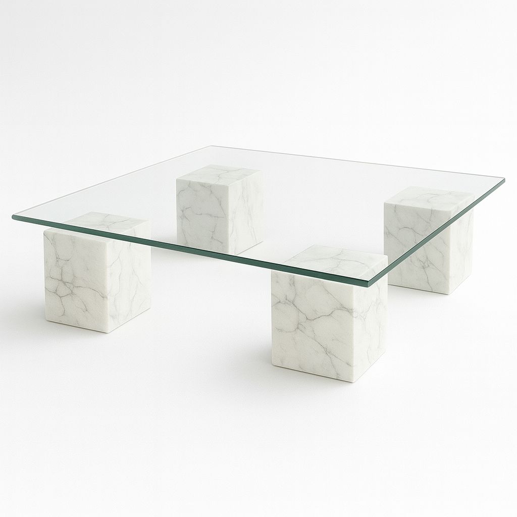 Mesa de vidrio con base de cuatro cubos blanca