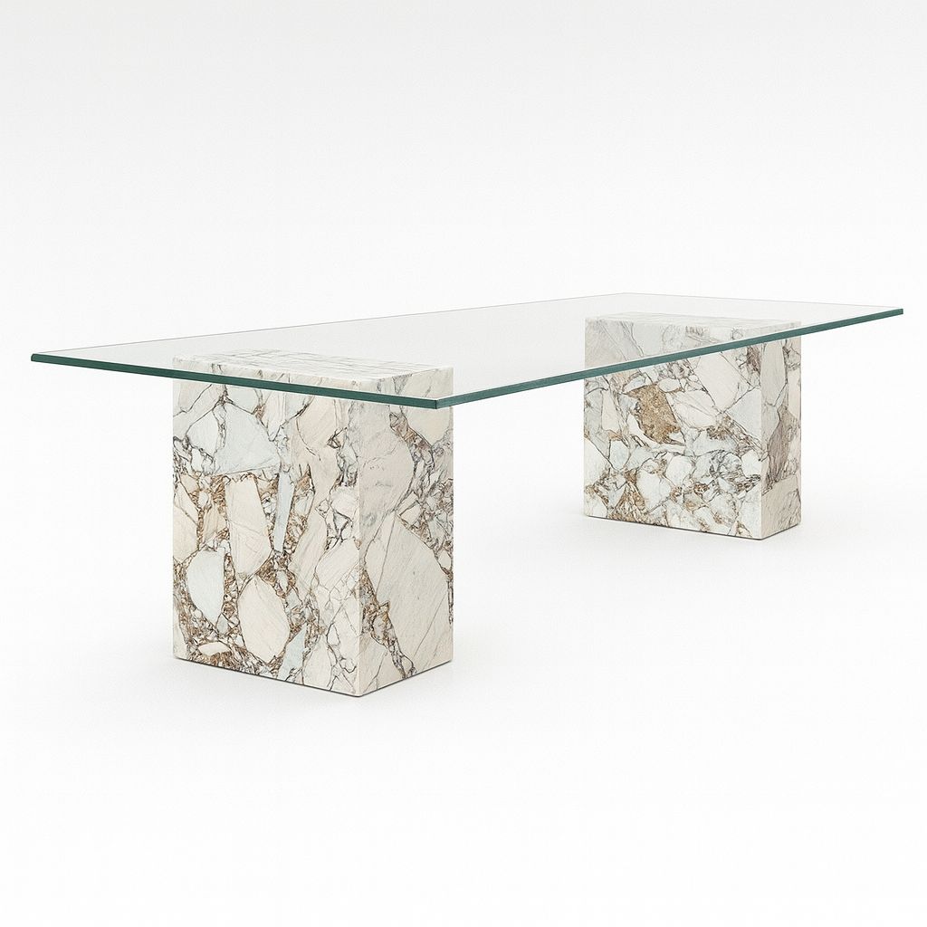 Mesa de vidrio alta con dos bases laterales blanca