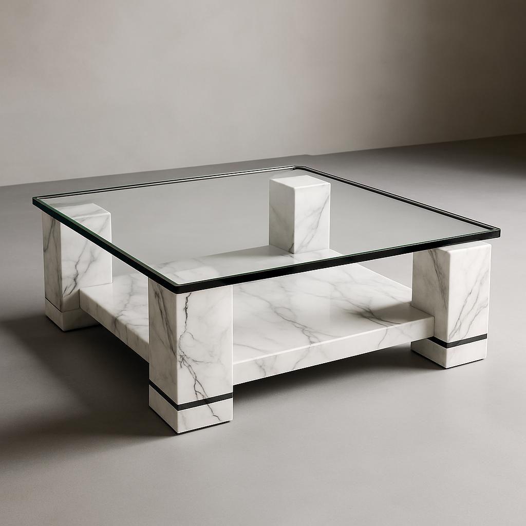 Mesa de vidrio base cuadrada en blanco